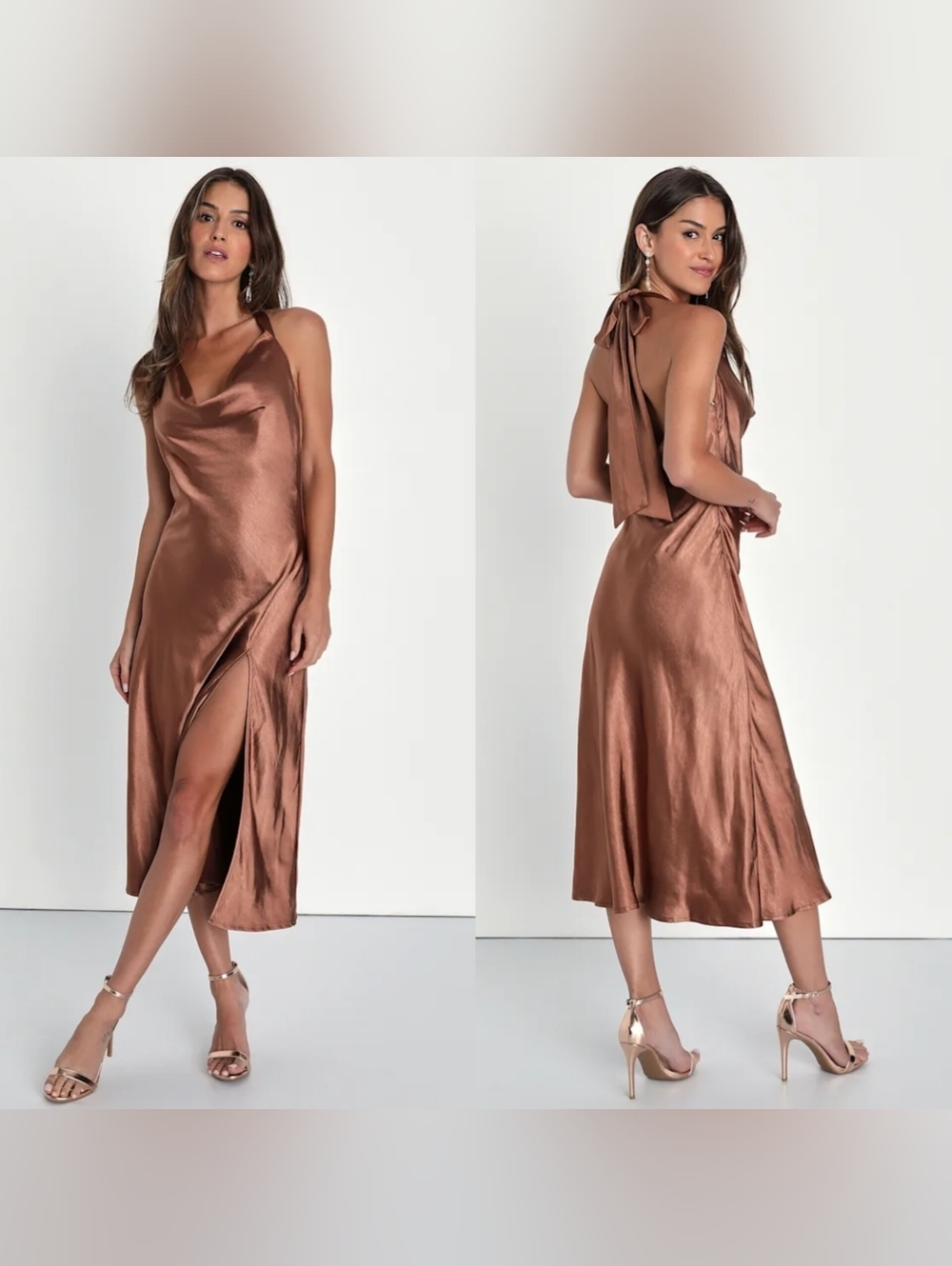 Lulu's Copper Satin Midi Dress with Back Tie